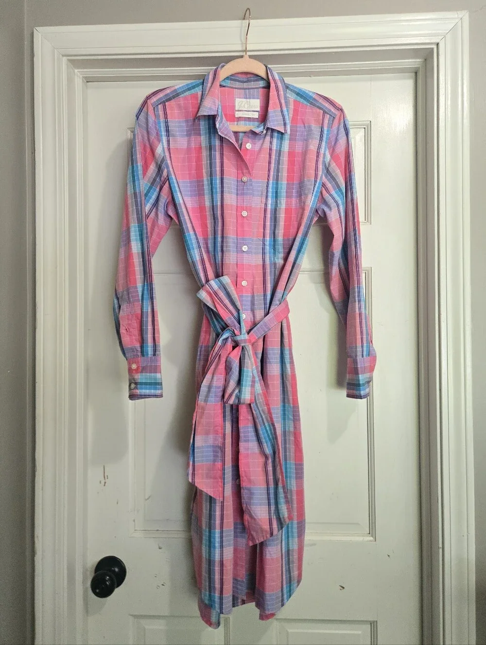 J. Crew Shirt Dress Women’s Size 4 Pink Plaid Tie Waist Button Midi Shirt Dress